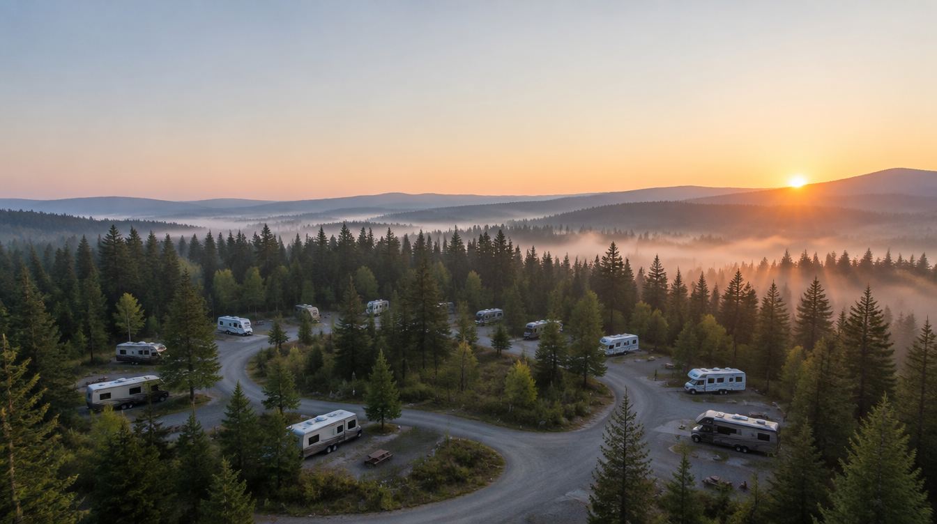 A rural campground loop road with a dozen RV sites among pines at sunrise.